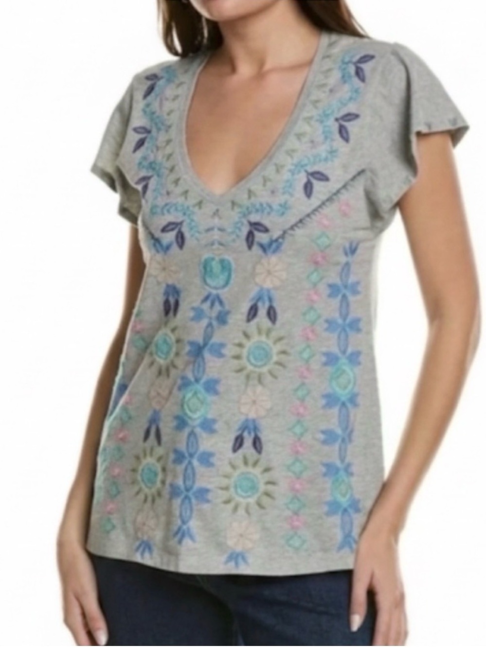 Johnny Was Gray V-Neck Tee with Blue, Teal and Light Pink Embroidery